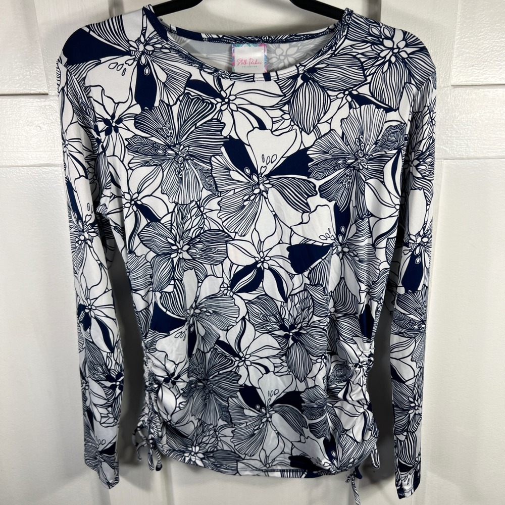 Stella Parker Collection Navy Blue White Floral Ruched Side Long Sleeve Top M